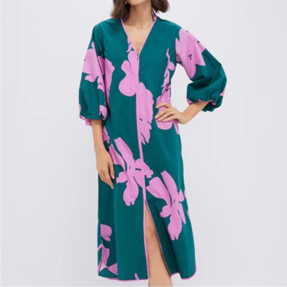 Vibrant Teal and Pink Floral Long Sleeve Dress